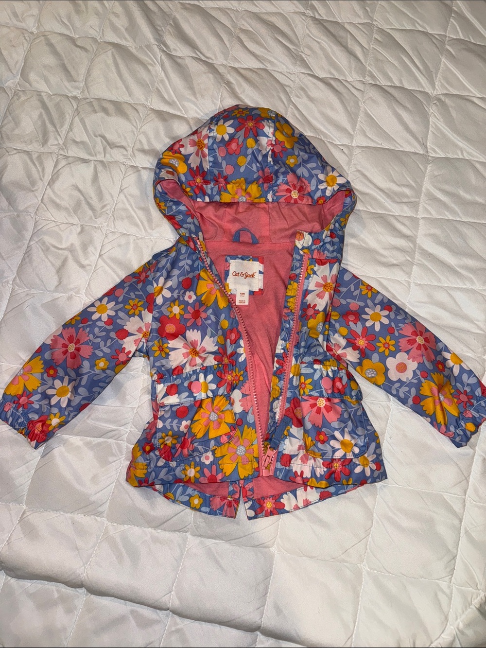 Cat & Jack Blue Floral Hooded Rain Jacket with Pink Lining